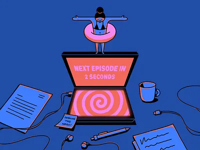 Digital binge autoplay desk digital binge dive editorial illustration illustration for motion laptop school of motion