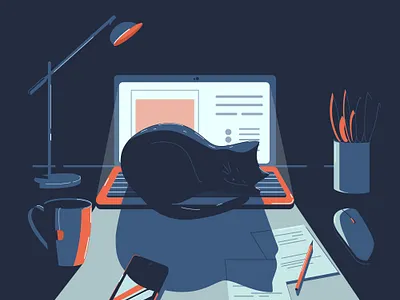 Desk workspace adobeillustator cat cup design desk flat illustration lamp laptop night vector workspace