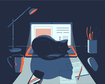 Desk workspace adobeillustator cat cup design desk flat illustration lamp laptop night vector workspace