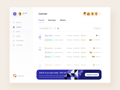 Odyssey • Planning List agency appointment branding calendar calendar app call clean collaboration design system desktop events freelance meeting planning product design schedule tasks teamwork timeline video call