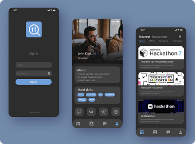 Developer social network app. prototype app contest dark app dark mode dark theme design developer hackathon mobile social network ui