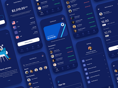 PayPal App Redesign- Dark Mode adobexd app design dark mode dark theme dark ui dashboard app finance app fintech minimal mobile app mobile app design payment app paypal redesign send money ui uiux user experience userinterface ux