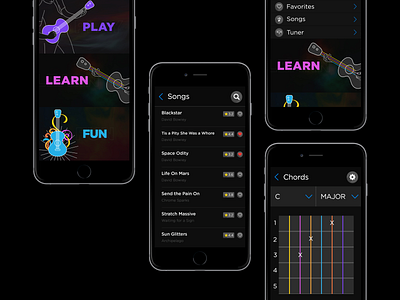 Learn and Tune Guitar A black app design colorful dark ui design guitar app illustration learn guitar list mobile app mobile design neon colors string tune guitar ui design ux design