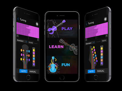 Learn and Tune Guitar B black design colorful app design dark app design design guitar guitar app guitar learning app guitar tuning app learning mobile app design modern app design neon colors tuning ui design ux design