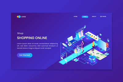 Online Shopping Isometric Concept Landing Page 3d character commerce concept dashboard discount flat illustration isometric isometry online promotion sale shop shopping store vector website