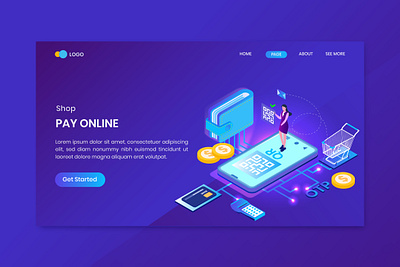 Pay Online Isometric Concept Landing Page app concept delivery design discount distribution illustration isometric landing mobile online order pay payment service shop shopping store website