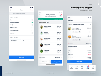 Marketplace UI Design app b2b b2c bottom navigation cart components cuberto design sytem designknots filter halolab landing page minimal net guru orders product summary project tab bar ui ui design