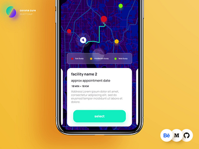 Select vaccination camp | coronacure animation app casestudy corona covid dailyui dark design freelance health illustration interaction location map navigation product progress ui ux vaccine