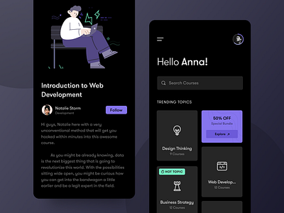 Courses mobile akhil sunny app asish sunny classes clean courses courses app dark mode dark theme dark ui design illustration lms minimal mobile app mobile ui pixalchemy product ui ux