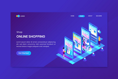 Online Shopping Isometric Concept Landing Page app concept discount illustration isometric landing mobile online order page payment present shop shopping smartphone store vector website