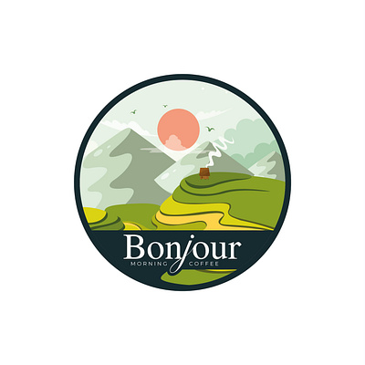 Bonjour - Moring Coffee logo by Brandall Agency bonjour brandall branding cafe coffee farm farming highland highlands illustration landscape landscape illustration landscapes logo logo design morning mountain mountains