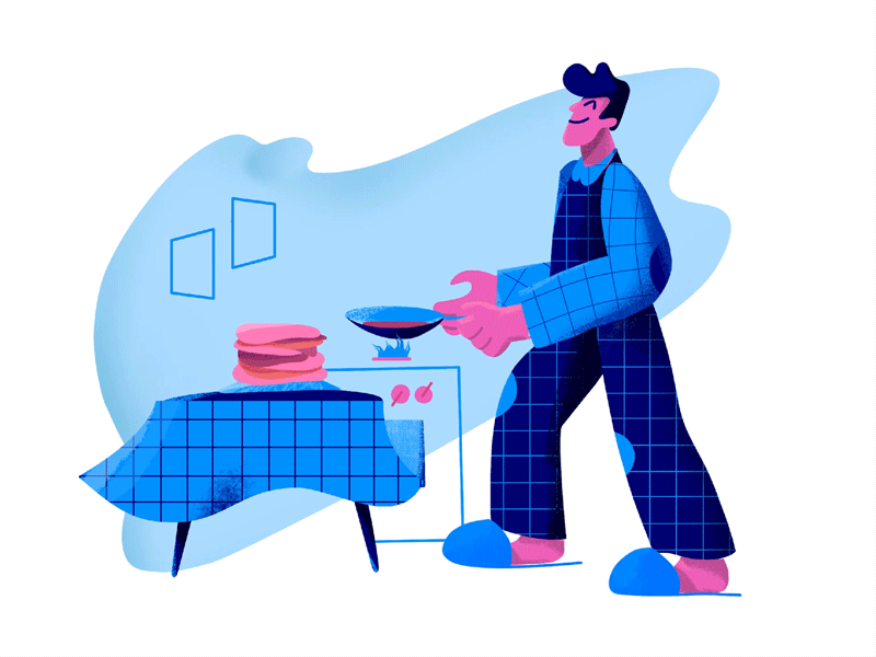 Stay home and cook pancakes animation art brakf breakfast cook cute design home illustration kitchen man morning pancake pandemic pijama sunrise