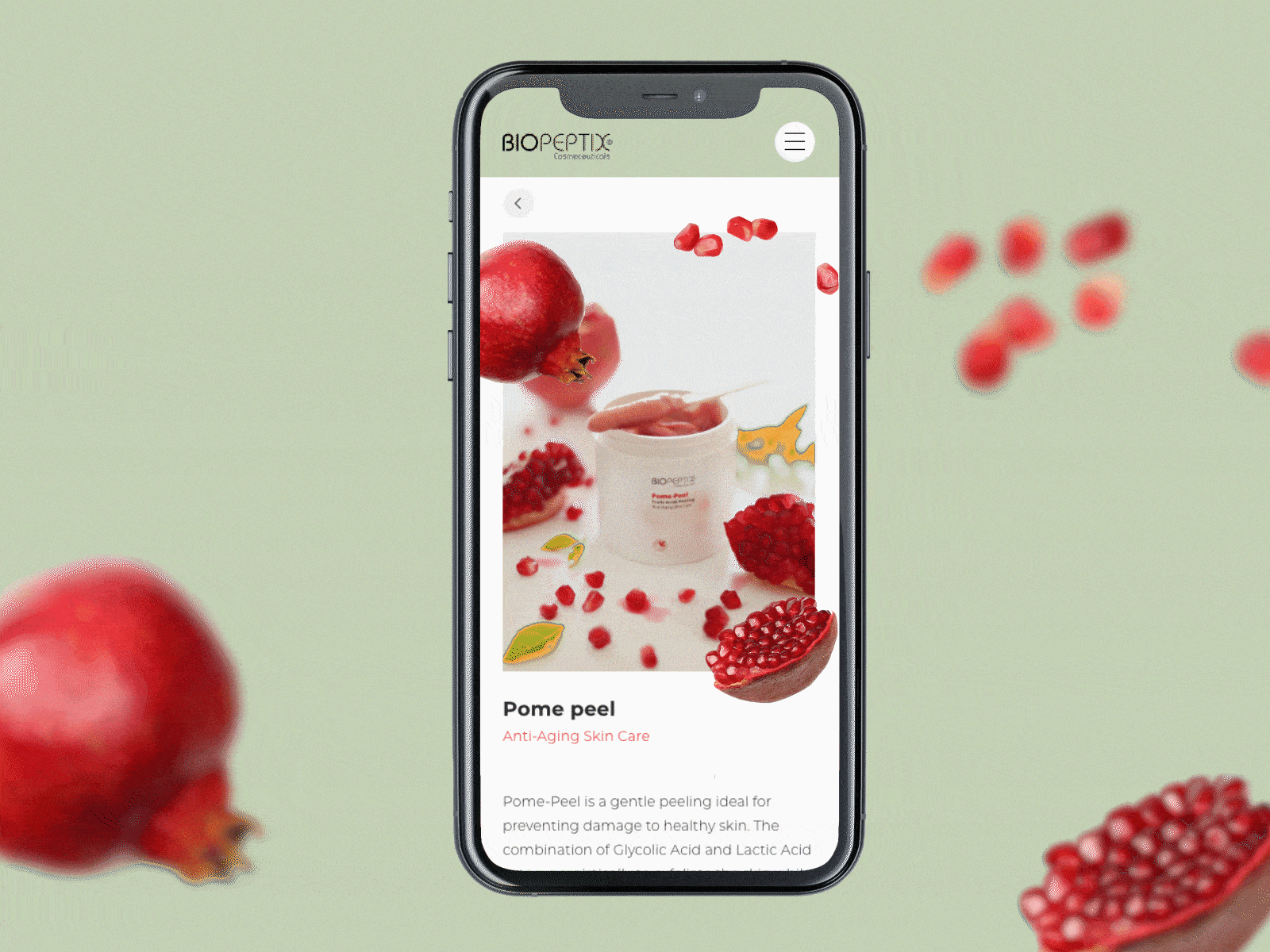 Mobile product page interface design microinteraction mobile parallax effect pomegranate product product design product page scroll skin care ui user interface website