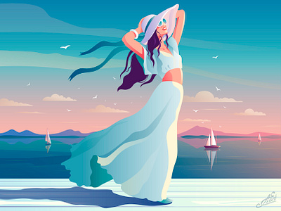 Sea holidays branding decorative illustration design evening girl girl character girl illustration illustration illustration art nature illustration rest sea sea life sea sunset seascape the girl in the hat vacation vector vector artwork vectorillustration