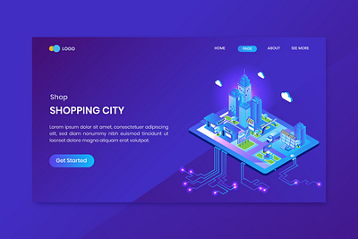 Shoping City Isometric Concept Landing Page app concept discount illustration isometric landing mobile online order page payment present shop shopping smartphone store vector website
