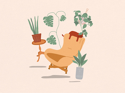 Plants and mid-century furniture cat chair furniture illustration mid century plants textured illustration