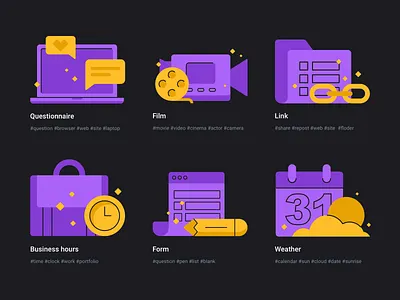 Icons business hours calendar camera clock design film flat floder form illustration laptop link pen portfolio question sketch tags ui vector web