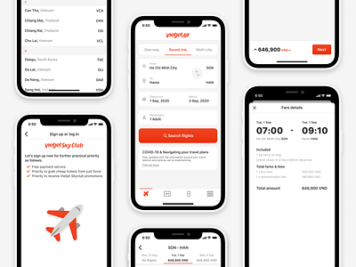 VietJetAir. Redesign airline app booking button cards cards ui dayliui figma flat flight ios iphone order details sign up travel trip ui vietnam