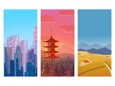 Quixel - Background Illustrations background design backgrounds bright colors city illustration digital art fields game art game artist game background illustration japan landscape landscape illustration pagoda visual development