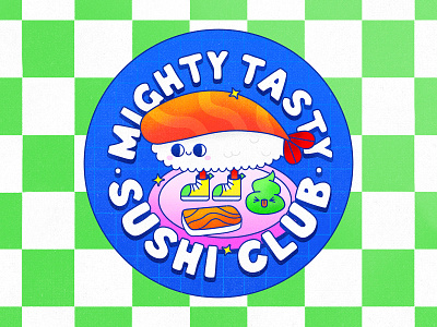 Mighty Tasty Sushi Club Badge badge character character design colorful cute character design flat graphic design illustration illustrator kawaii lockup nigiri shrimp sushi sushi texture typography vector vector graphic