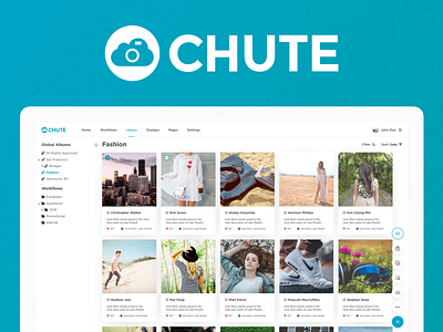 Chute application cards dark mode dark ui interface lightbox marketing modal redesign socialmedia tourism ui user experience user generated content ux white