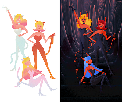 Diva's catsuit colorful devils girls graintexture groep illustrator