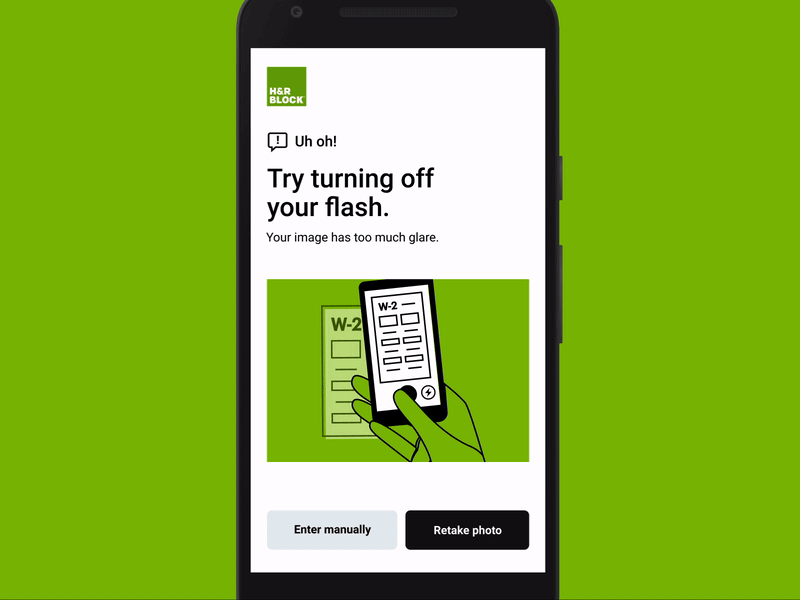 Take a pic of your W-2 — Too much glare animation error help illustration mobile pic