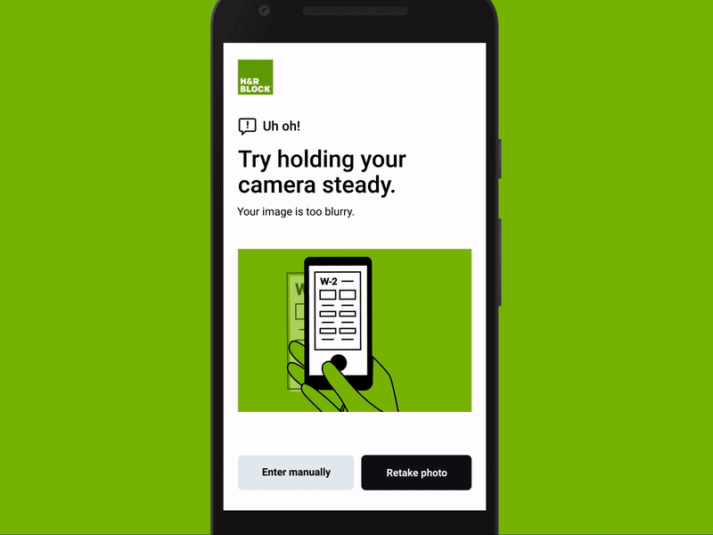 Take a pic of your W-2 — Too blurry animation error help illustration instructions mobile phone pic