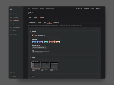 Gin Future UI Settings (Darkmode) admin admin ui app application claro cms color color selection colors dark ui darkmode drupal drupal admin ui future ui gin gin future ui nightmode settings settings page settings ui