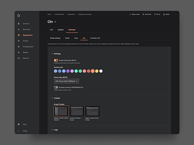 Gin Future UI Settings (Darkmode) admin admin ui app application claro cms color color selection colors dark ui darkmode drupal drupal admin ui future ui gin gin future ui nightmode settings settings page settings ui