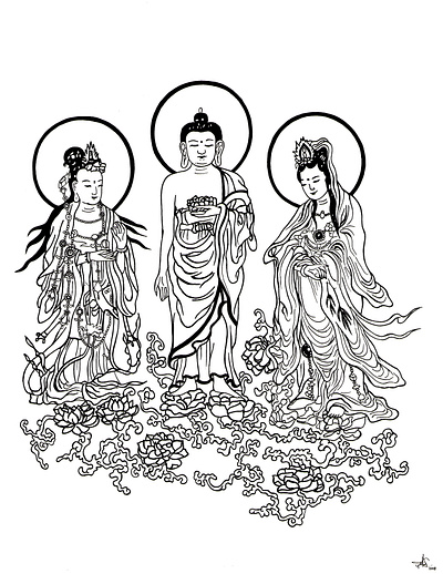 Faith: Amitabha with his Bodhisattva Attendants art artist artwork buddhism chinese commission design designs drawing drawing ink drawingart drawings faith illustration ink paper pen pure religion wisdom