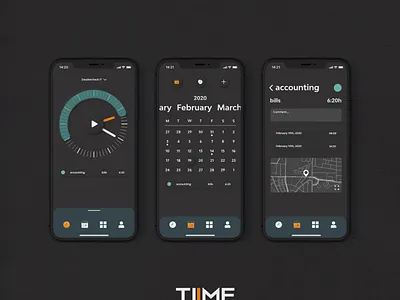 TIIME app - dark app app ui calendar clean clean ui dark app dark mode design minimal skeuomorphism soft ui time tracking ui ux