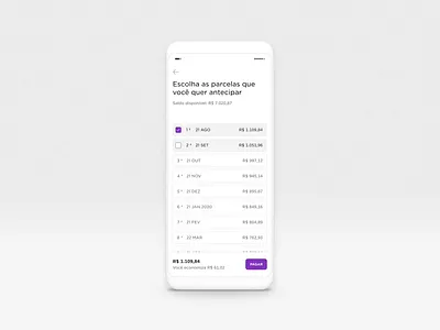Nubank's instalment anticipation clean figma fintech micro interaction microinteraction minimalist mobile design ui ui design