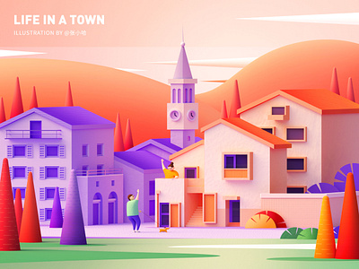 Life in a town - Bells ( C4D ) architecture bell tower c4d cinema4d dog illustration man mountain orange purple sunrise sunset town village window woman zhang 张小哈