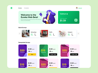 Surveys app cards cashout clean flat ios layout minimal survey sweepstakes ui ux web