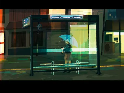 rainy nights anime bus character city concept art digital art home illustration landscape lights phone procreate simple transport umbrella waiting