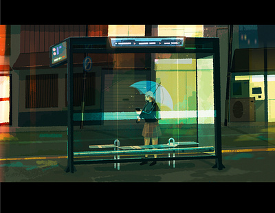 rainy nights anime bus character city concept art digital art home illustration landscape lights phone procreate simple transport umbrella waiting