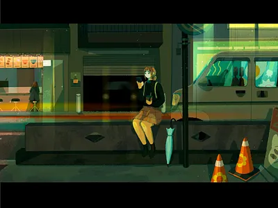 always checking anime boba tea car character city concept art digital art flower girl glow home illustration lights phone procreate ramen sign sketch van