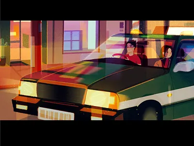 time to go! anime buildings car character city concept art digitalart flow glow home illustration inspiration journey lights procreate road simple sketch taxi transport