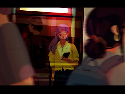 it's a window vibe bag blur bus character city flow frog glow home illustration night people phone procreate reflection simple sketch window wip