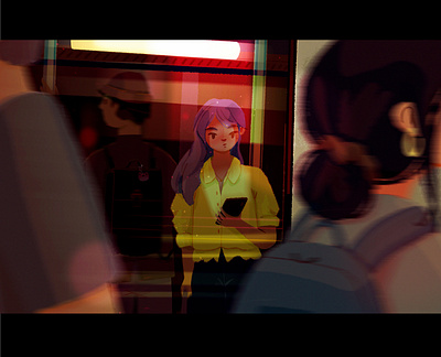 it's a window vibe bag blur bus character city flow frog glow home illustration night people phone procreate reflection simple sketch window wip