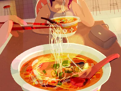good food and good friends bag character delicious food girl glow home illustration lights memories moment noodles procreate restaurant simple sketch warm