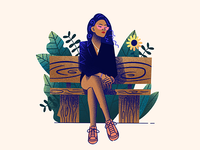 Just chilling. bench character design diversity fashion flat flower girl illustration park people plants texture woman