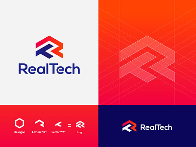 RealTech app clean elegant elegent fintech logo gradinet logo hitech icon illustration letter r and t logo letter r and t logo logo branding design modern typography ux vector