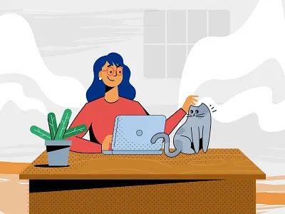Working from home with kitty cat love character design concept cute animals design desk expression flat girl illustration home illustration kitten lady specs vector women working workfromhome working on laptop