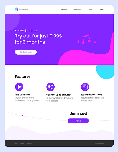 Daily UI 03 - Candy Music Landing Page UI adobe photoshop dailyui dailyui 003 dailyuichallenge design illustration landing page minimalistic modern music typography ui