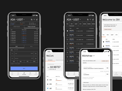 zbx / cryptocurrency exchange account app banking buy coin crypto exchange mobile native product design sell settings singup trading ui ux wallet withdraw