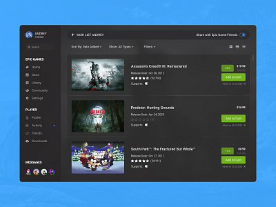 Concept Epic Games | Wish List #19 app cart cloud collection concept desktop discounts epic games games grid library list player shop sorting store ui ux wish wish list