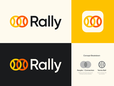 Rally app icon app platform ball logo tennis branding colorful dynamic modern smart logo design logo designer logo designer for hire match tournament competition minimal minimalistic branding people connection merge link tennis ball sport yellow orange black