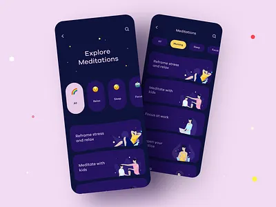 Meditation App Design app aura categories cuberto graphics icons illustration ios meditation mobile music nature practice relax sleep sound ui ux